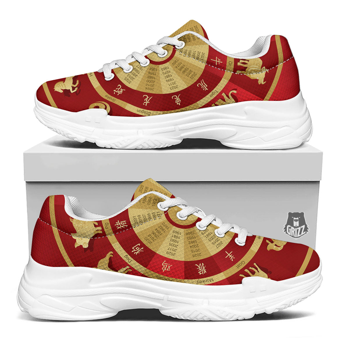Zodiac Wheel Red Chinese Print White Chunky Shoes-grizzshop