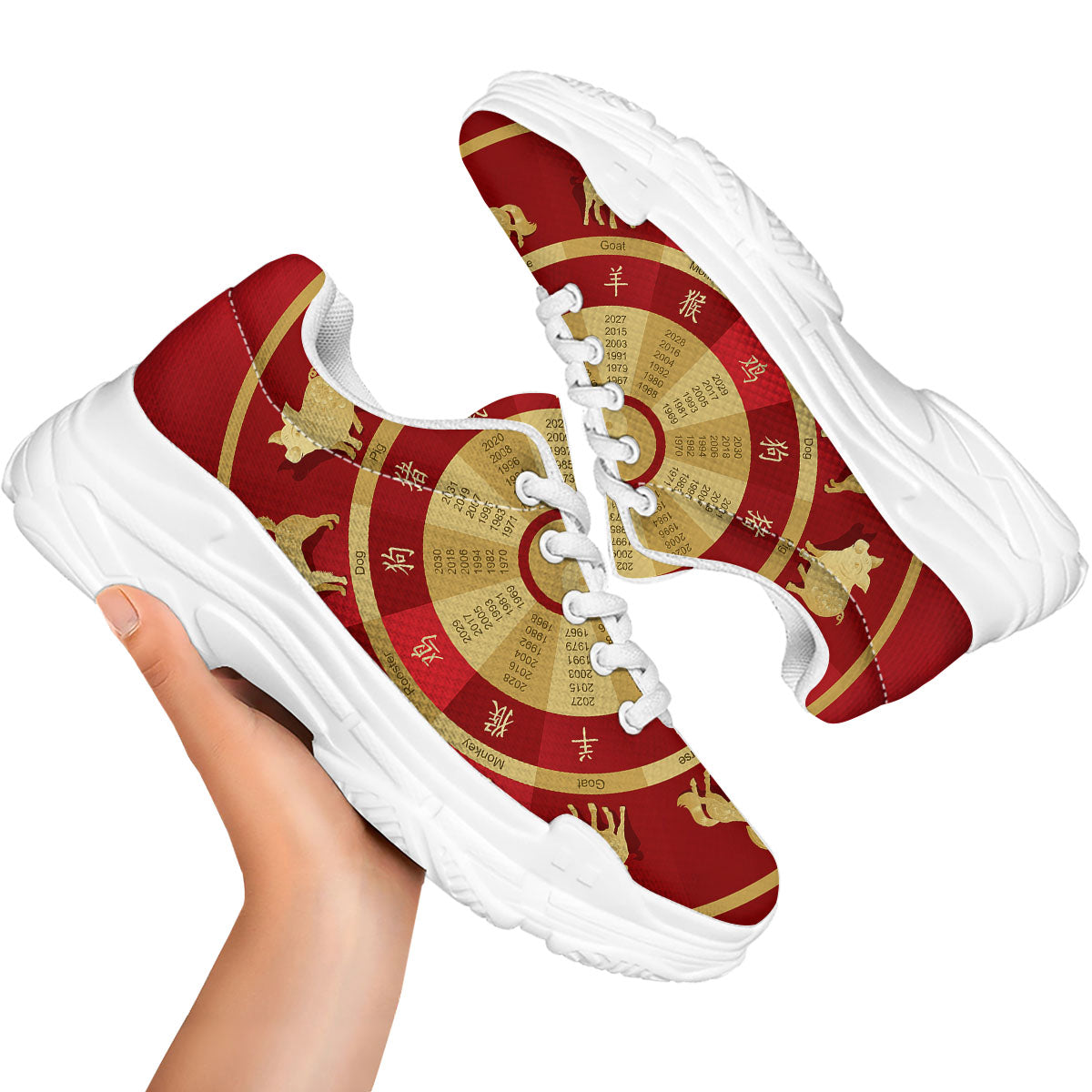 Zodiac Wheel Red Chinese Print White Chunky Shoes-grizzshop
