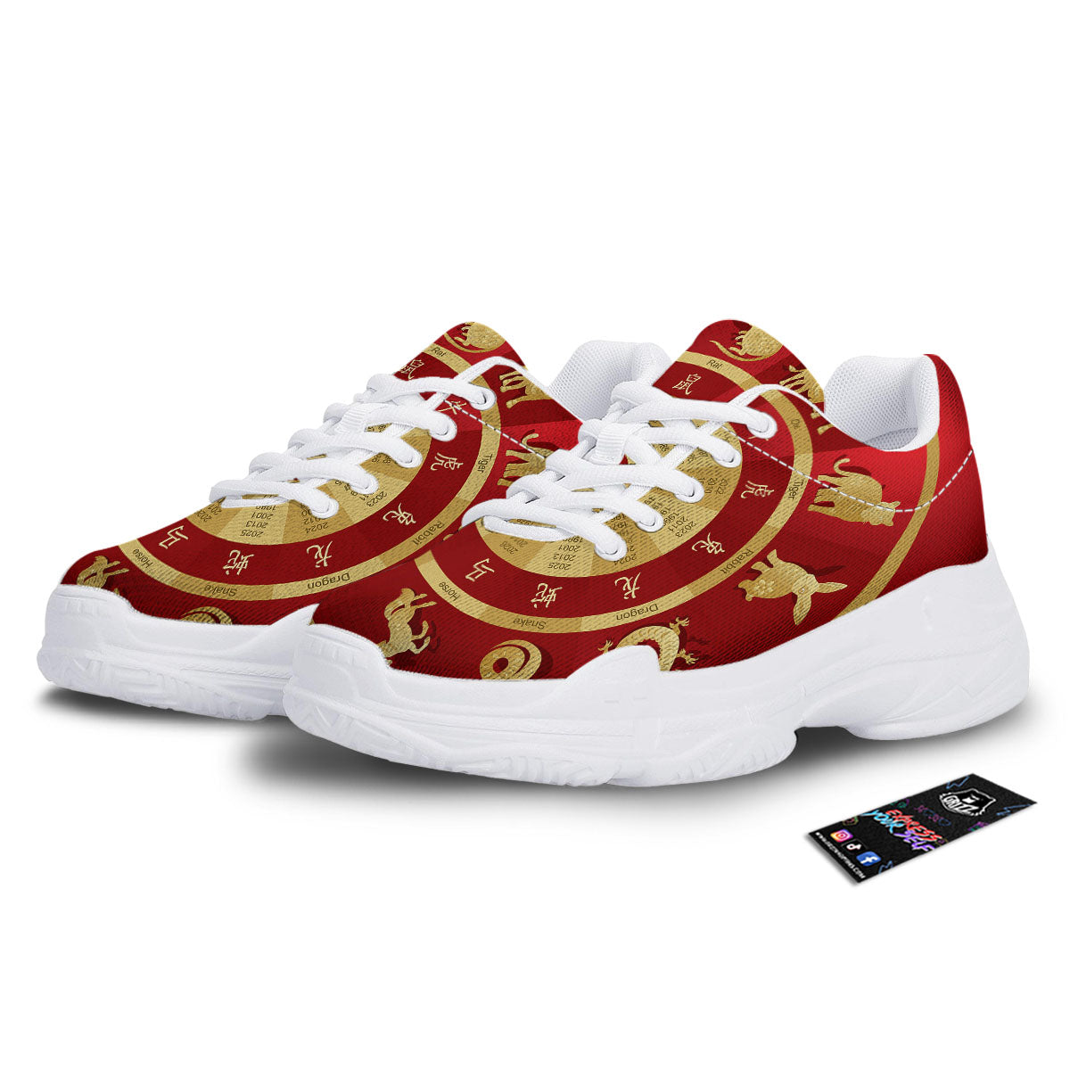 Zodiac Wheel Red Chinese Print White Chunky Shoes-grizzshop