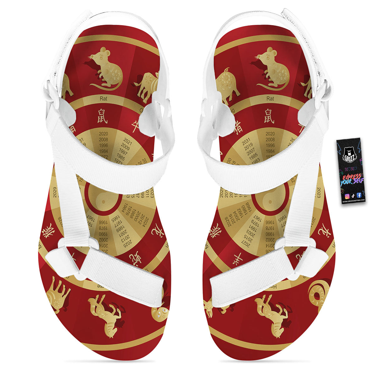 Zodiac Wheel Red Chinese Print White Open Toe Sandals-grizzshop