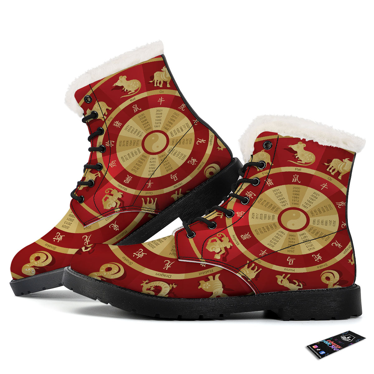 Zodiac Wheel Red Chinese Print Winter Boots-grizzshop