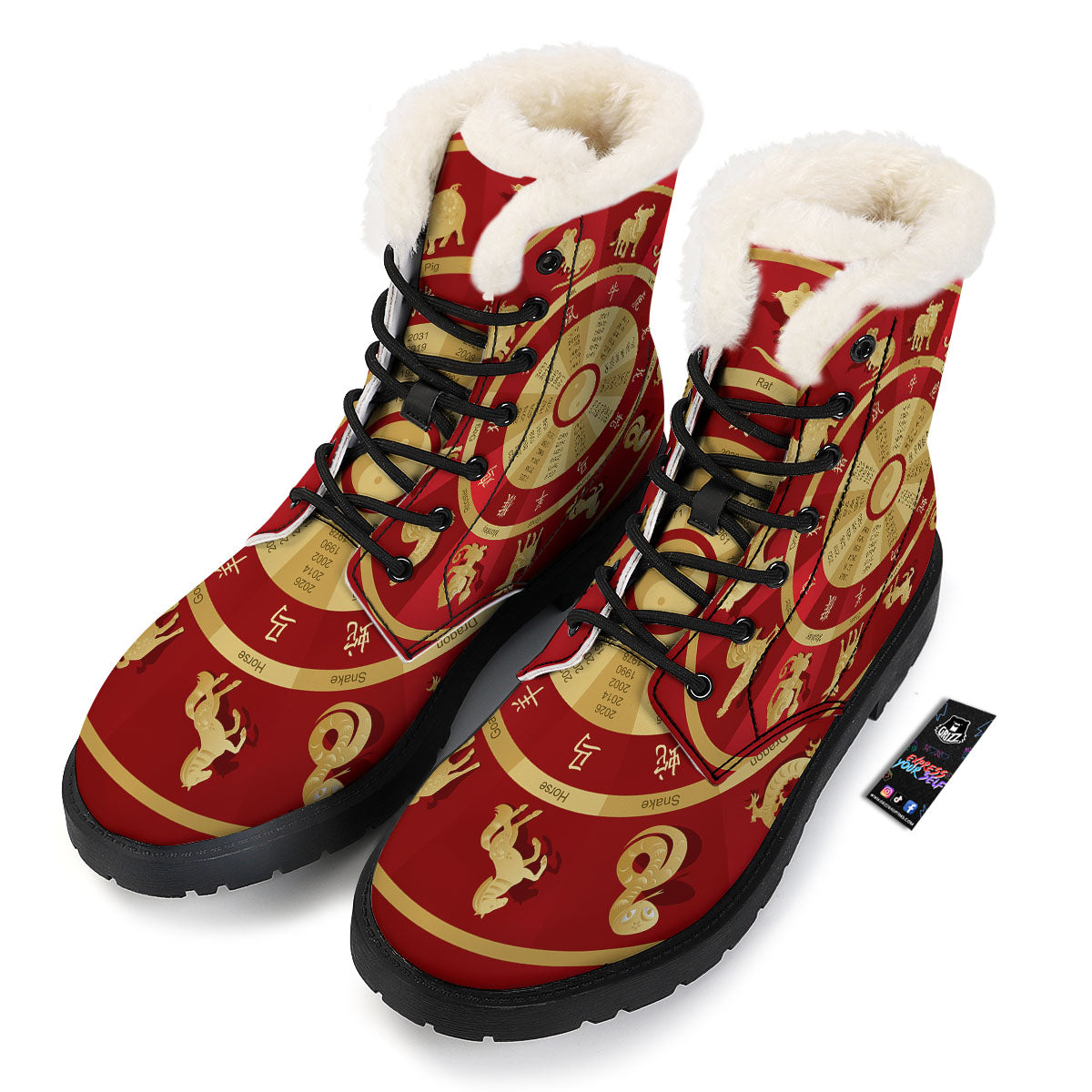 Zodiac Wheel Red Chinese Print Winter Boots-grizzshop