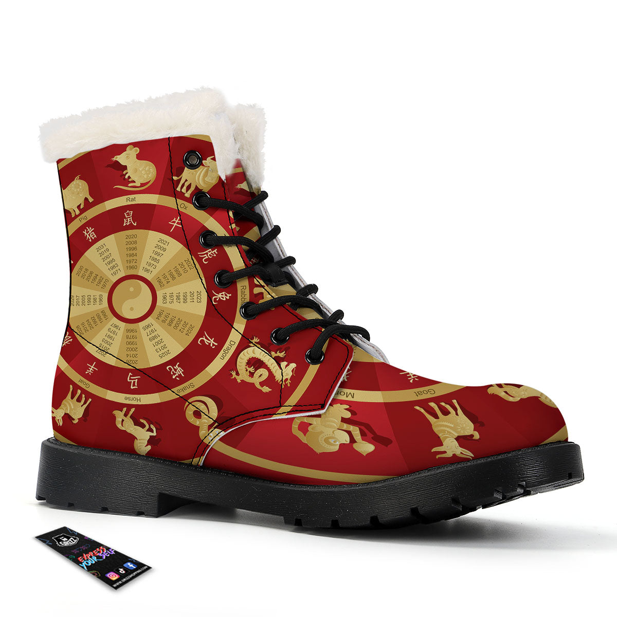 Zodiac Wheel Red Chinese Print Winter Boots-grizzshop