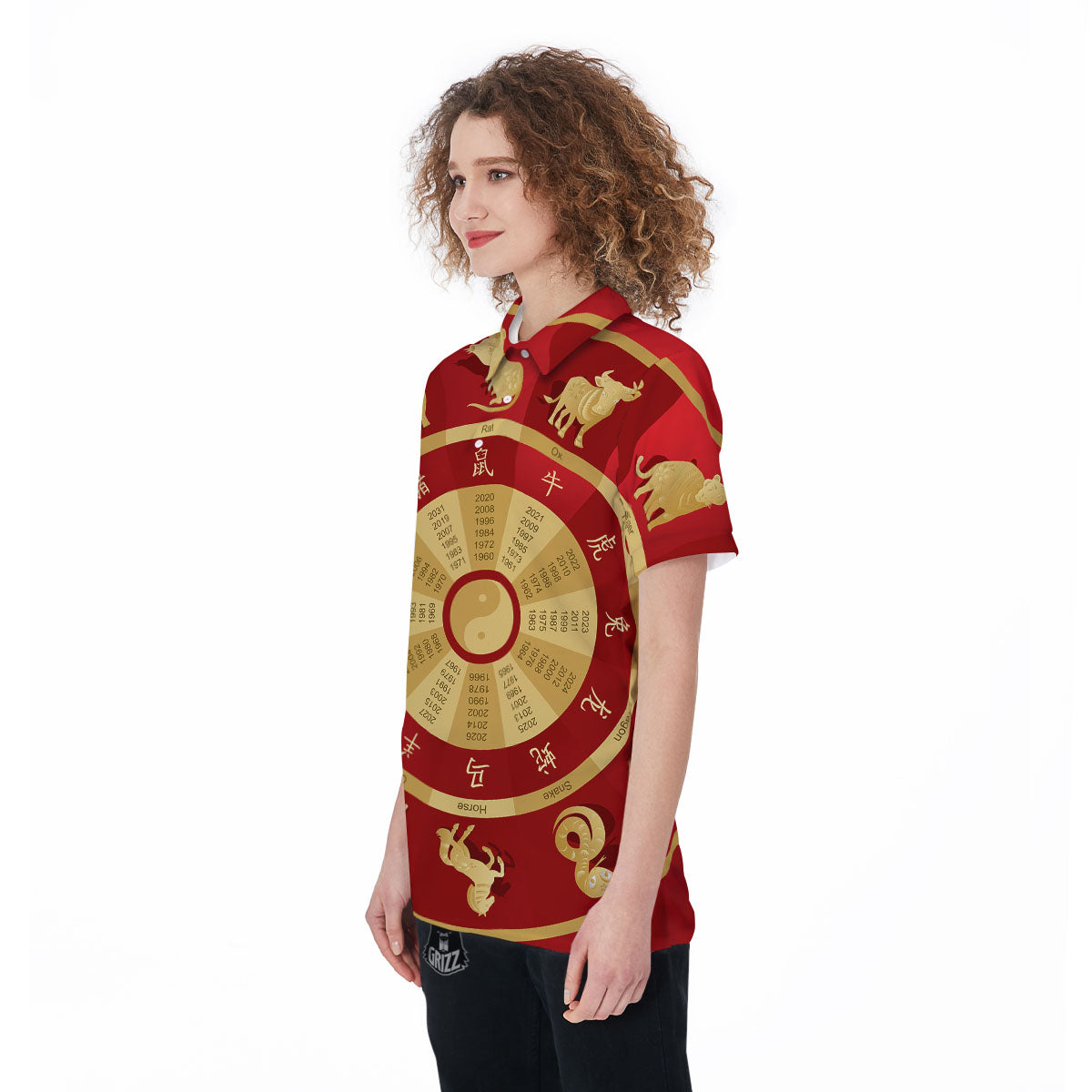 Zodiac Wheel Red Chinese Print Women's Golf Shirts-grizzshop