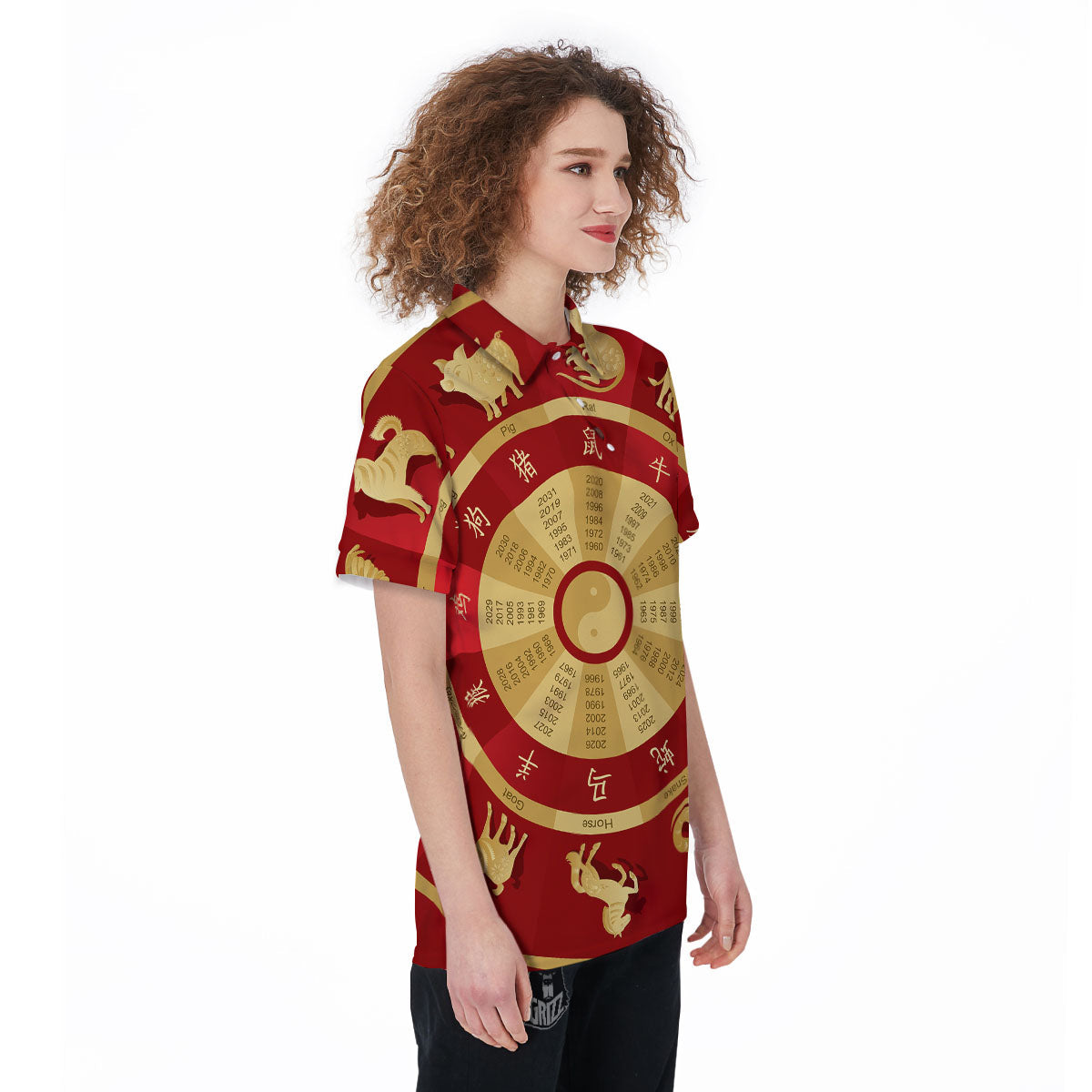 Zodiac Wheel Red Chinese Print Women's Golf Shirts-grizzshop