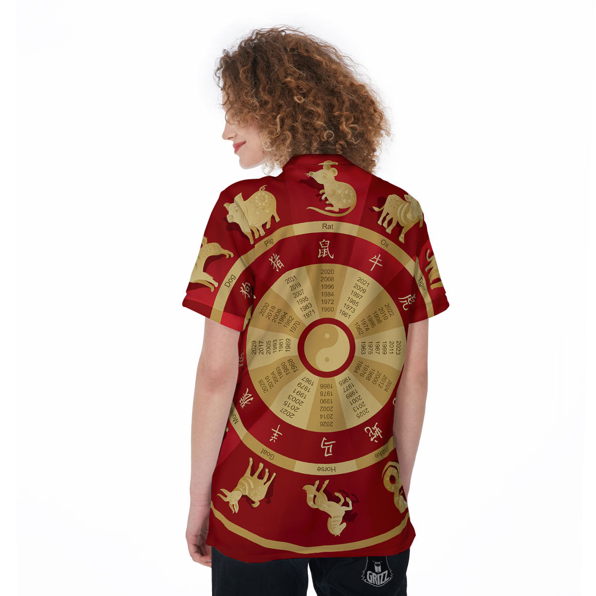 Zodiac Wheel Red Chinese Print Women's Golf Shirts-grizzshop