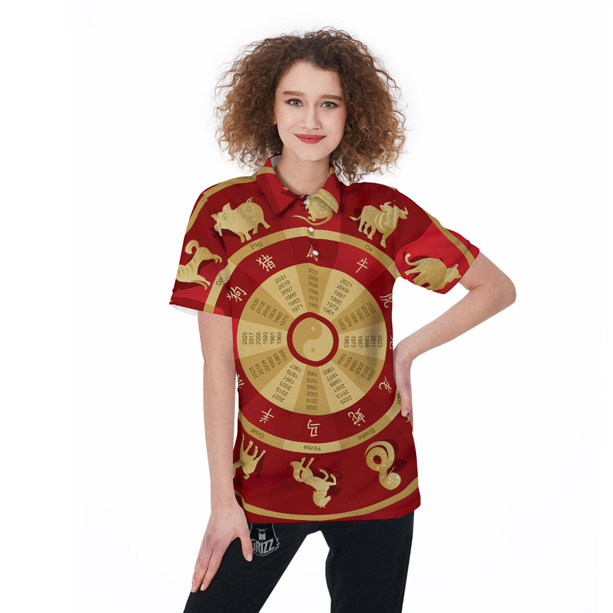 Zodiac Wheel Red Chinese Print Women's Golf Shirts-grizzshop