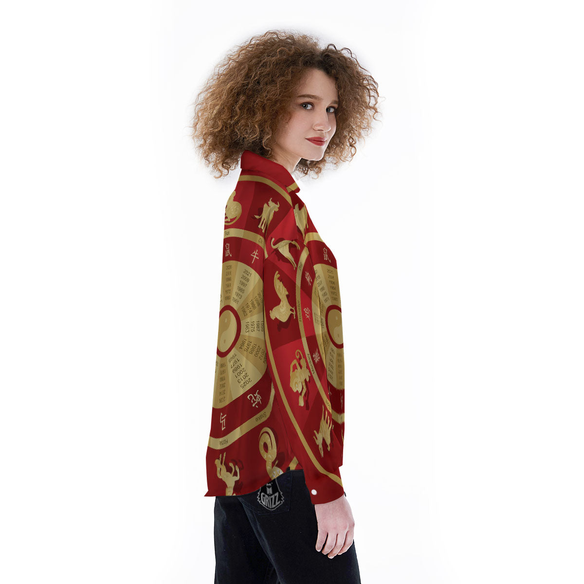 Zodiac Wheel Red Chinese Print Women's Long Sleeve Shirts-grizzshop