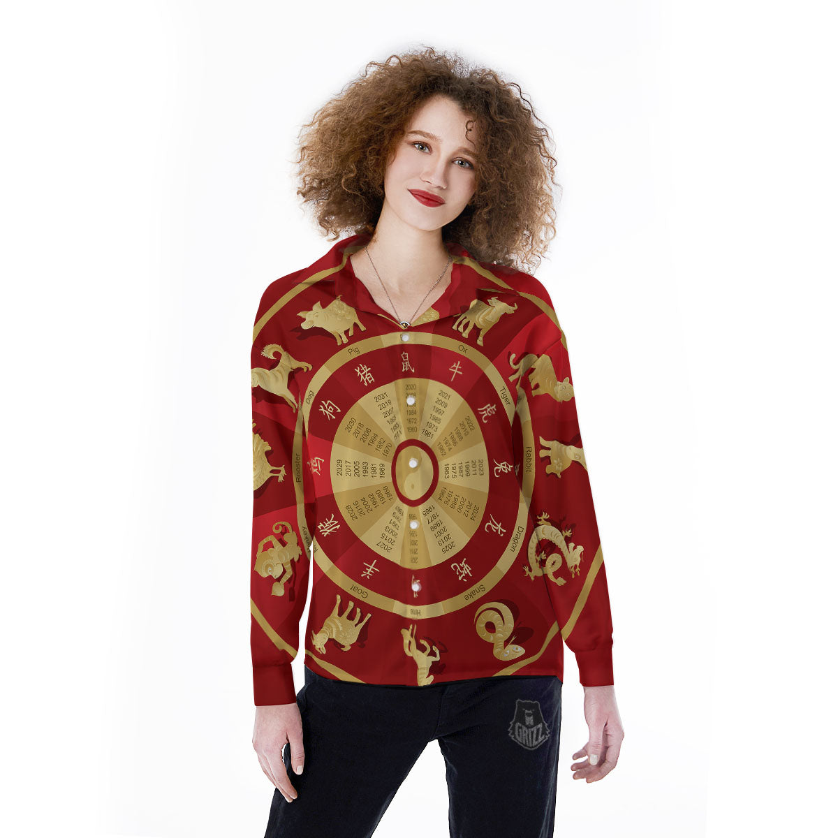 Zodiac Wheel Red Chinese Print Women's Long Sleeve Shirts-grizzshop