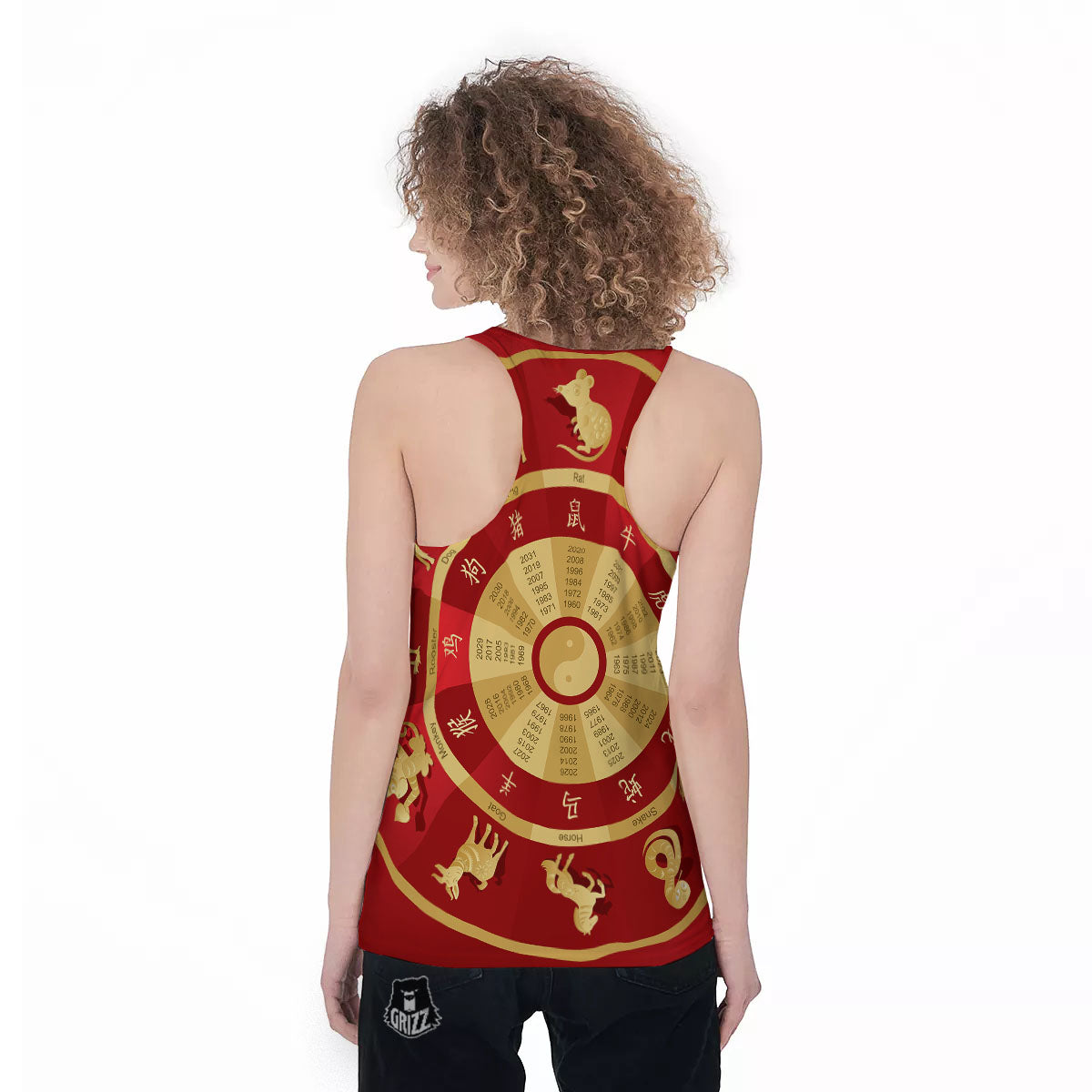 Zodiac Wheel Red Chinese Print Women's Racerback Tank Top-grizzshop