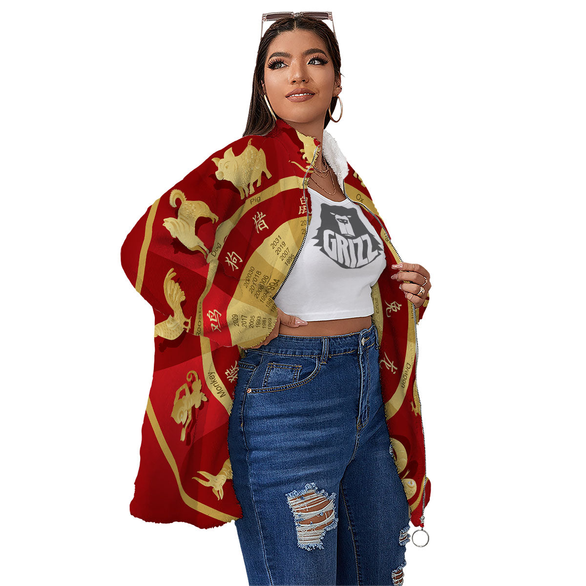 Zodiac Wheel Red Chinese Print Women's Sherpa Jacket-grizzshop