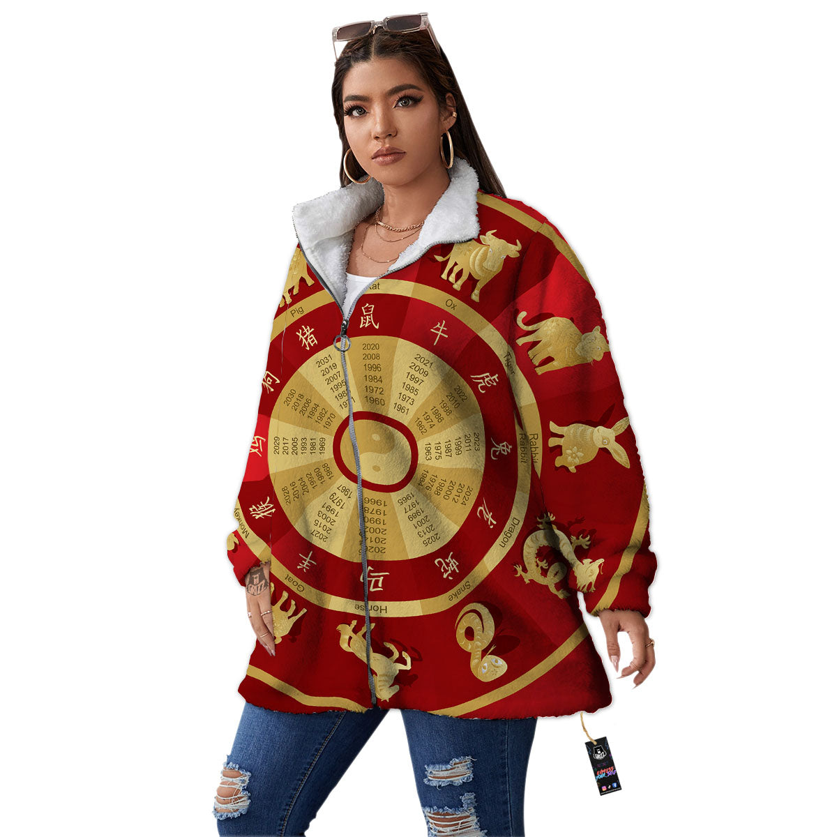 Zodiac Wheel Red Chinese Print Women's Sherpa Jacket-grizzshop