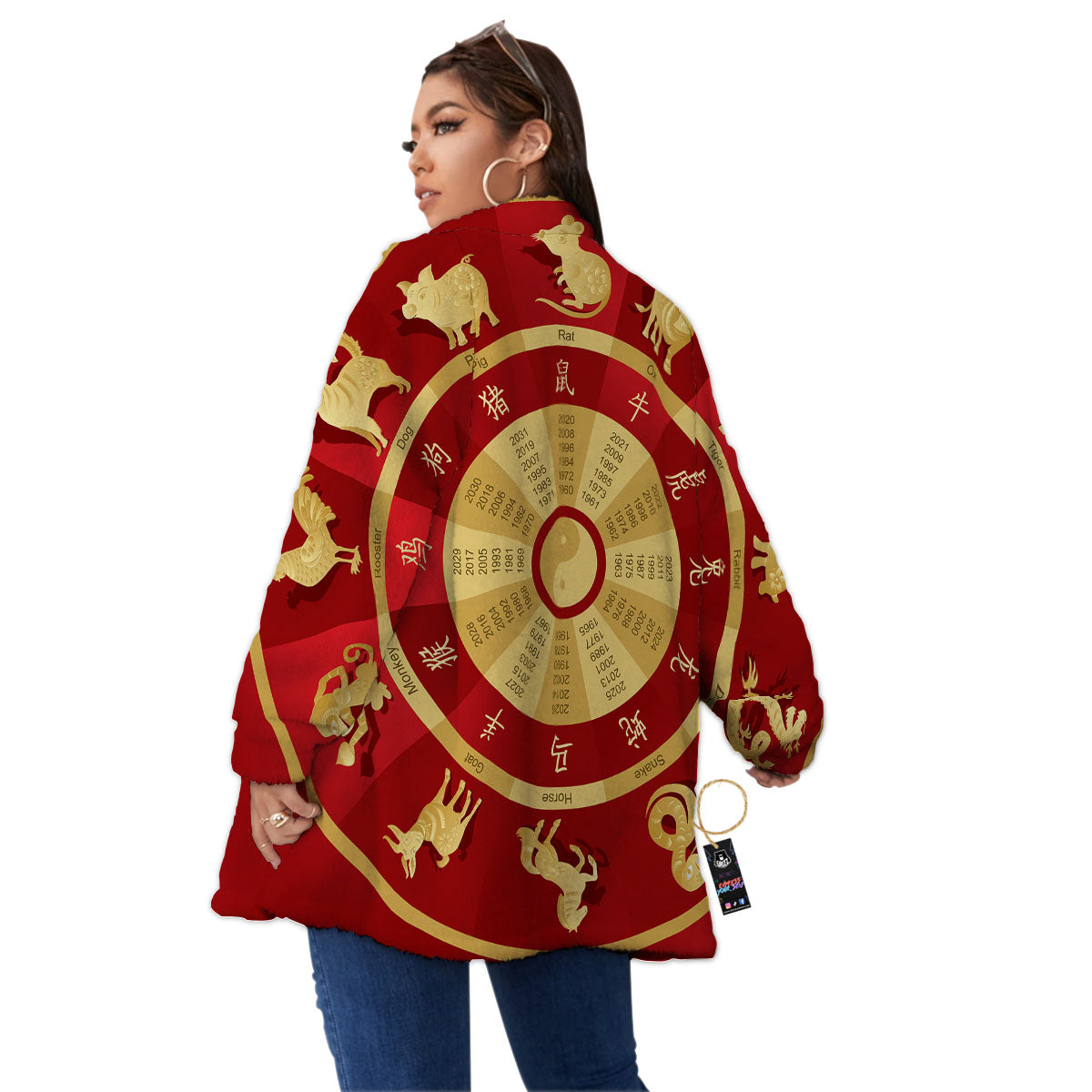 Zodiac Wheel Red Chinese Print Women's Sherpa Jacket-grizzshop
