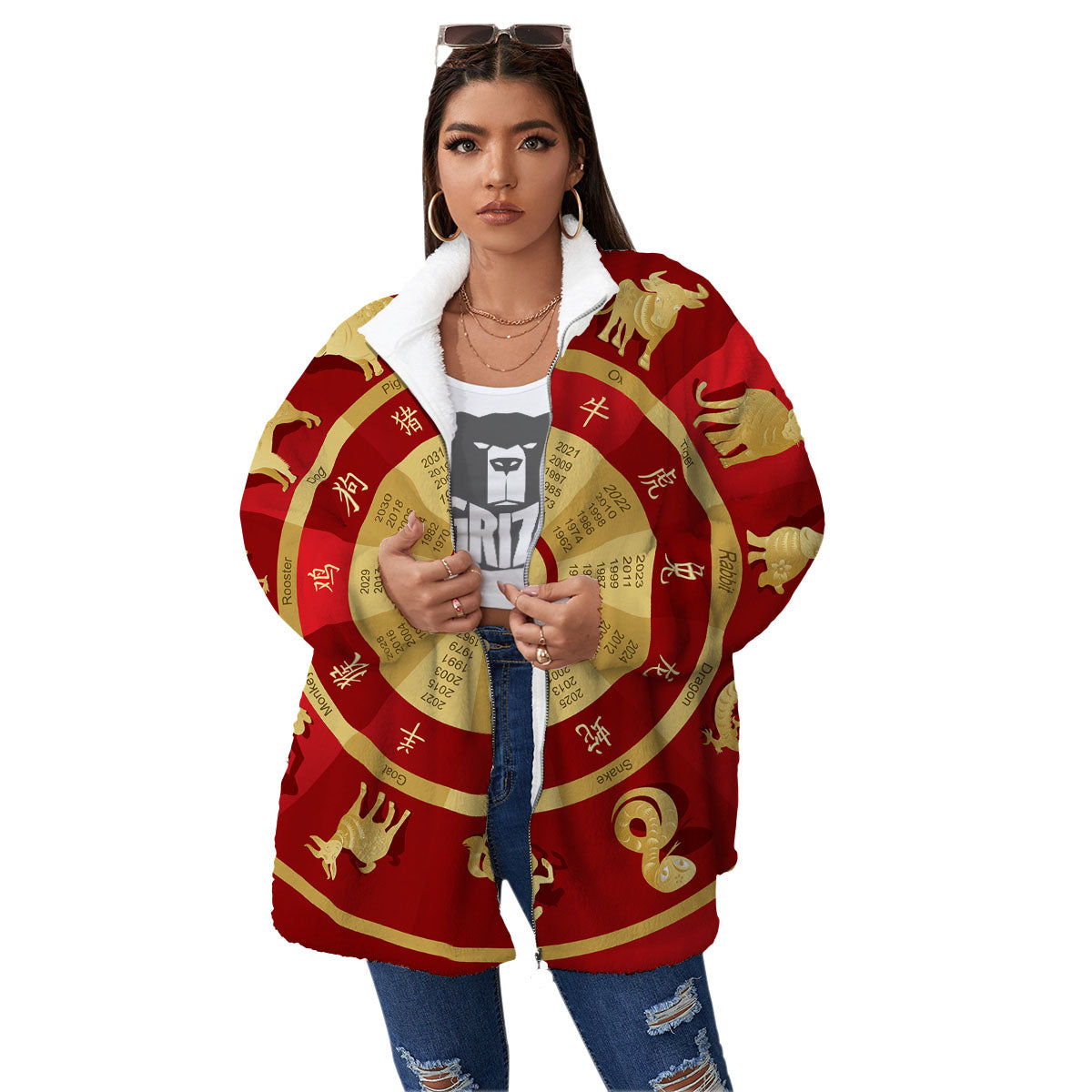 Zodiac Wheel Red Chinese Print Women's Sherpa Jacket-grizzshop
