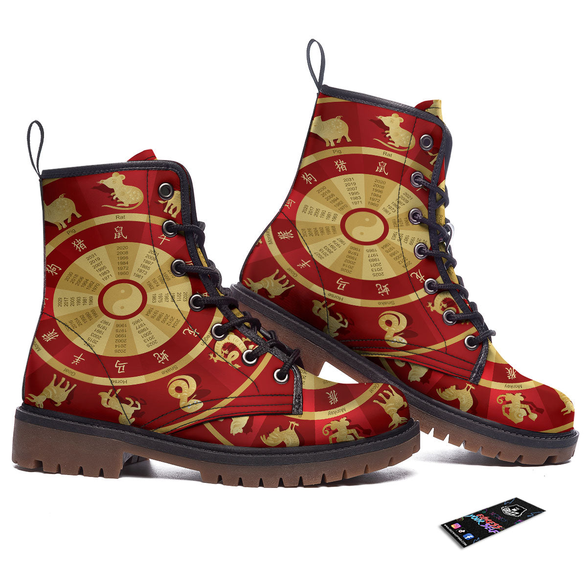 Zodiac Wheel Red Chinese Print Work Boots-grizzshop