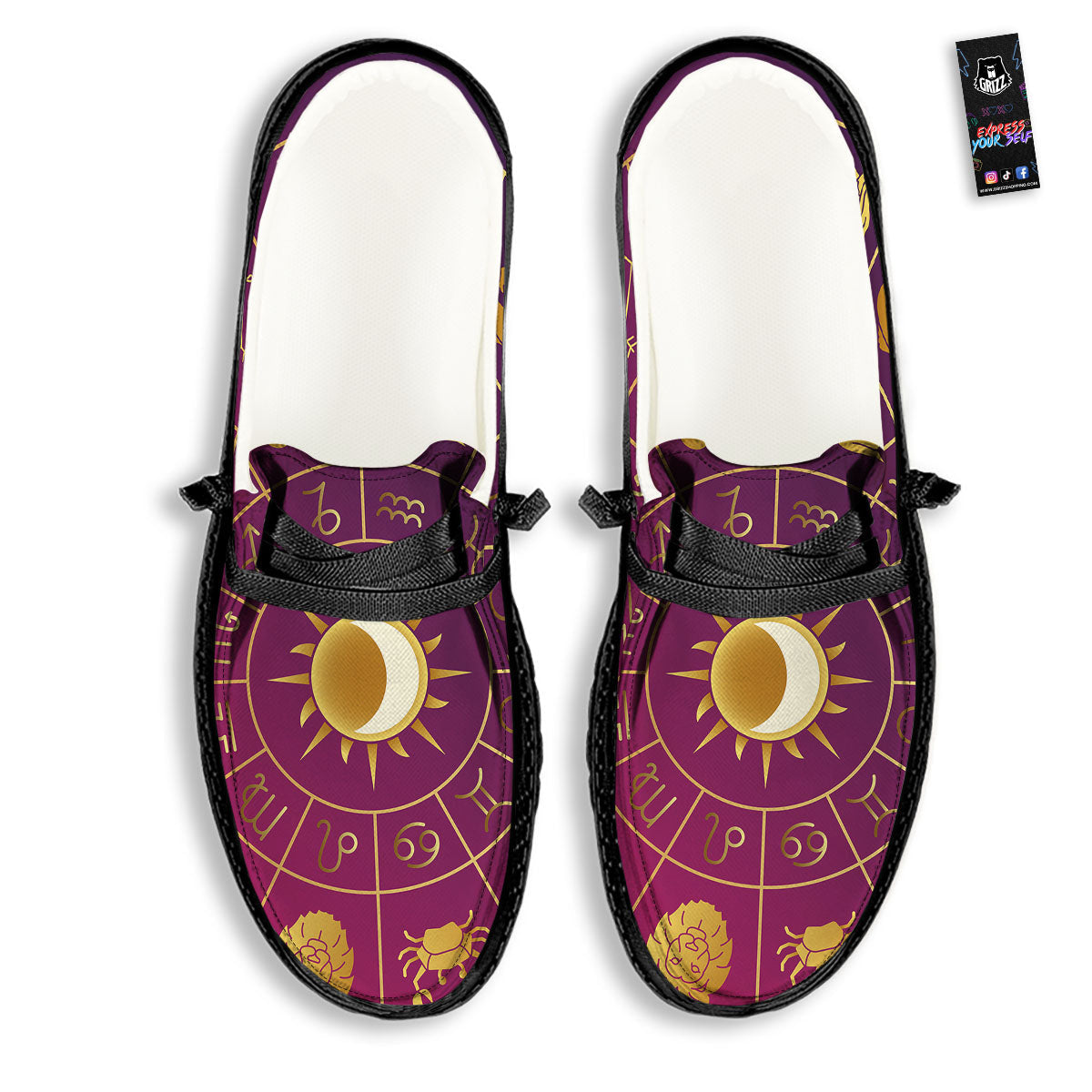 Zodiac Wheel Symbols Print Black Loafers-grizzshop