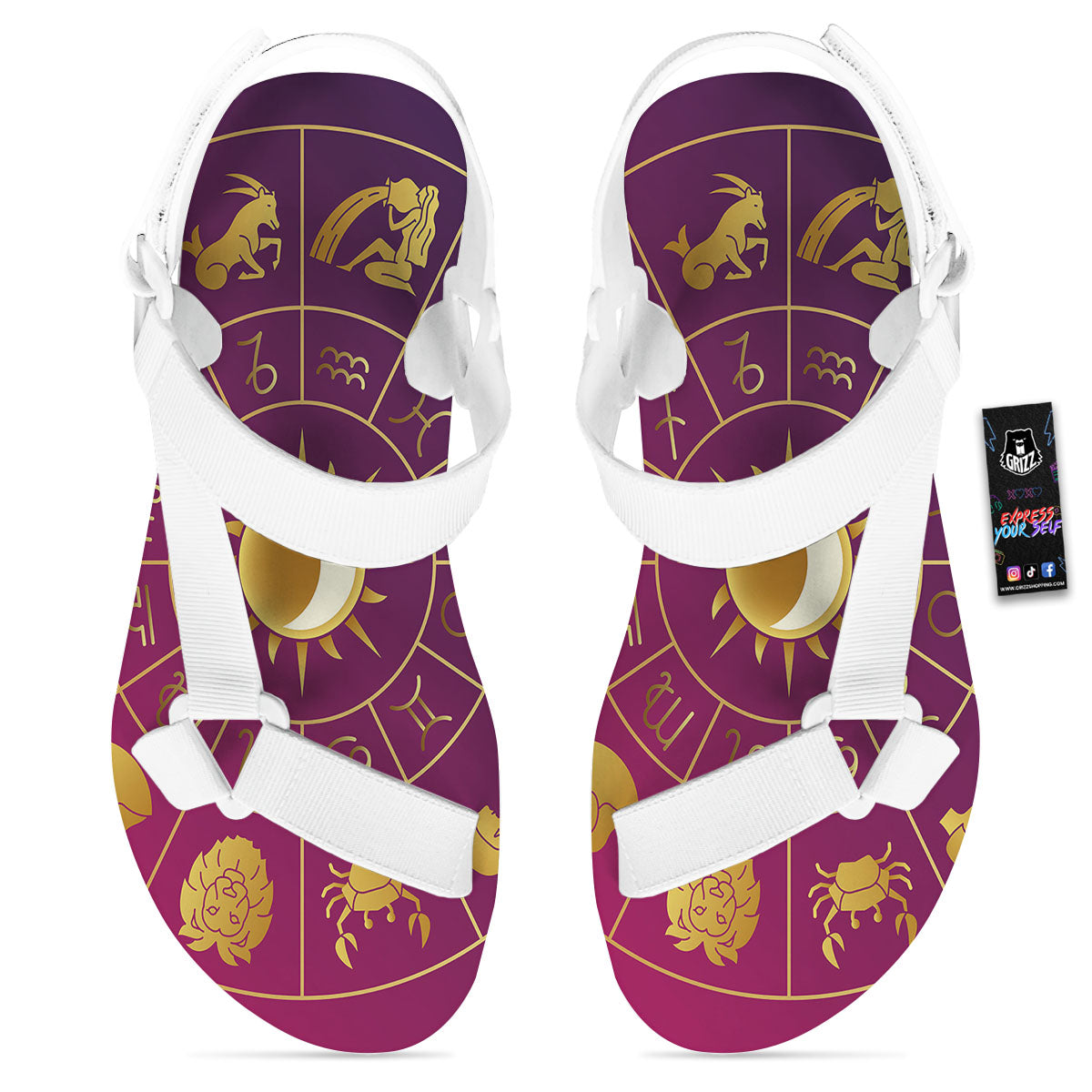 Zodiac Wheel Symbols Print White Open Toe Sandals-grizzshop