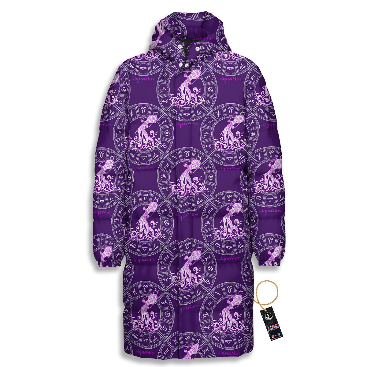 Zodiac Aquarius Purple Print Pattern Long Down Jacket