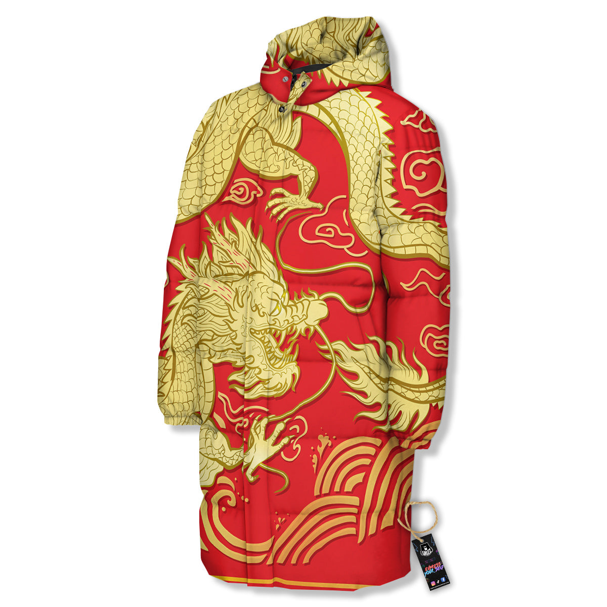 Zodiac Sign Chinese Dragon Print Long Down Jacket