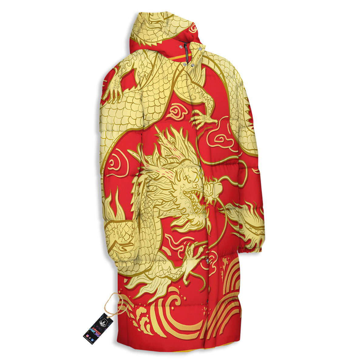 Zodiac Sign Chinese Dragon Print Long Down Jacket