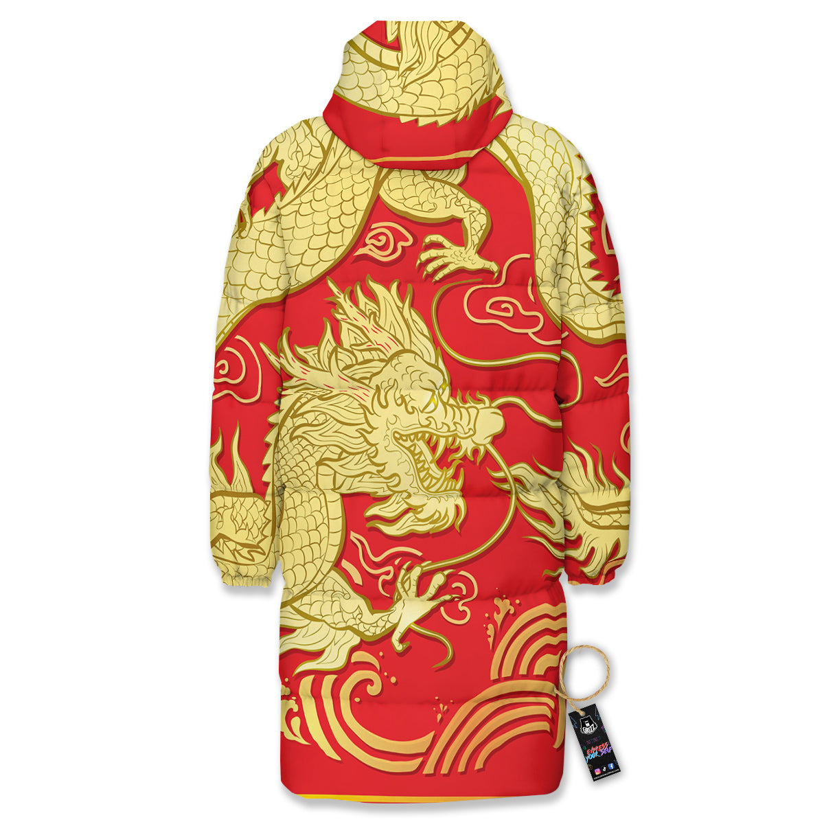 Zodiac Sign Chinese Dragon Print Long Down Jacket