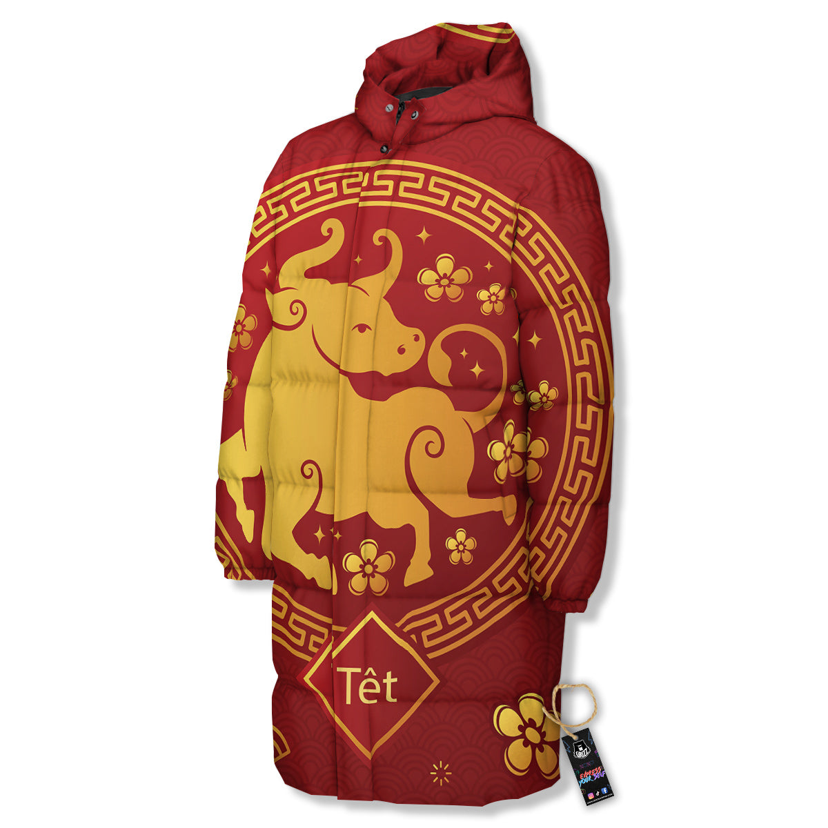 Zodiac Sign Chinese Ox Print Long Down Jacket