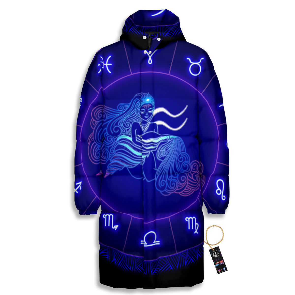 Zodiac Sign Dark Aquarius Print Long Down Jacket