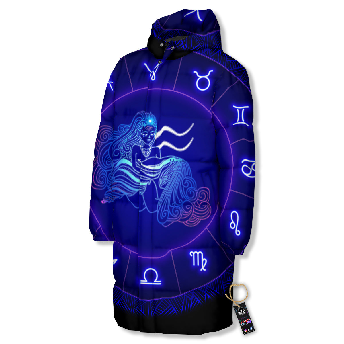 Zodiac Sign Dark Aquarius Print Long Down Jacket