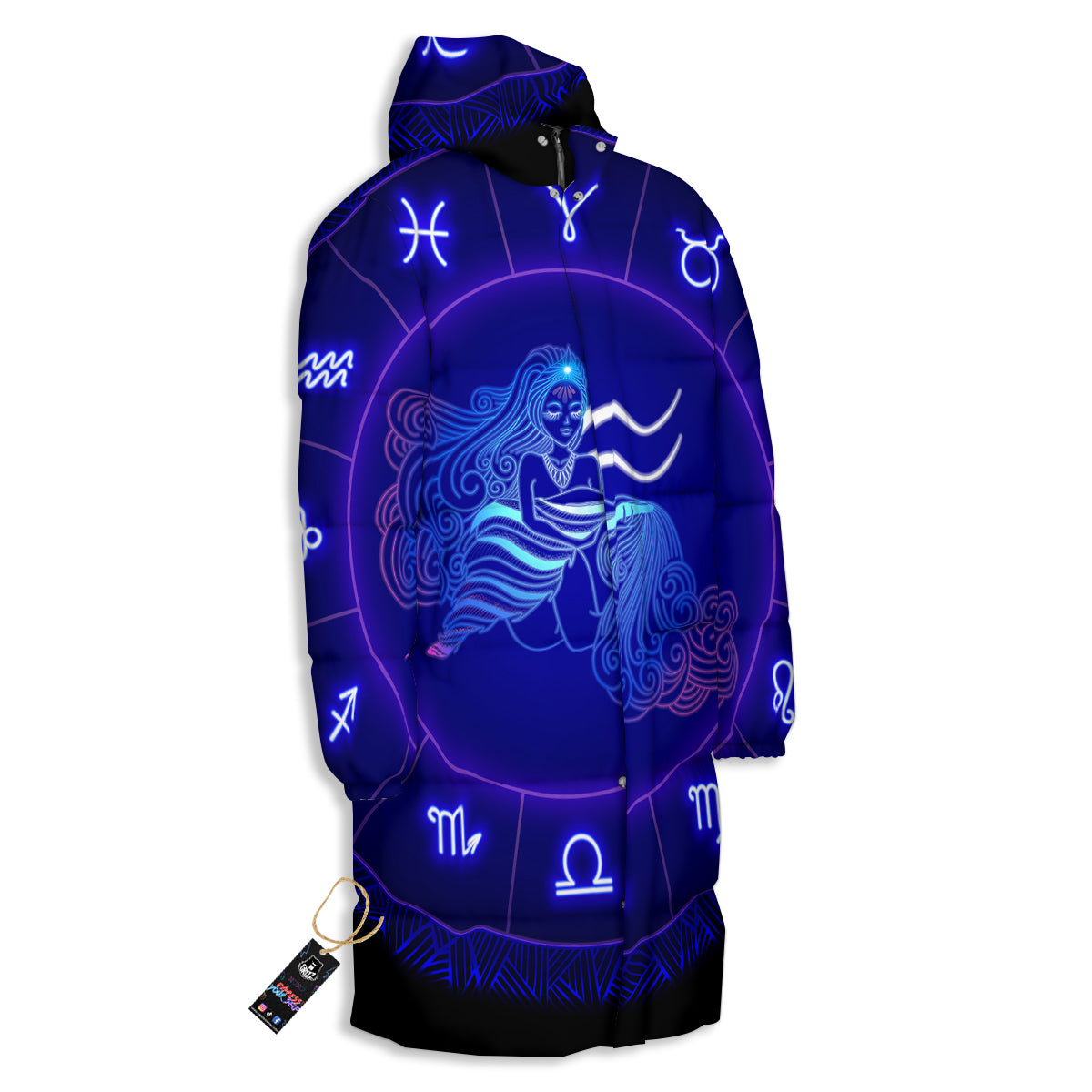 Zodiac Sign Dark Aquarius Print Long Down Jacket