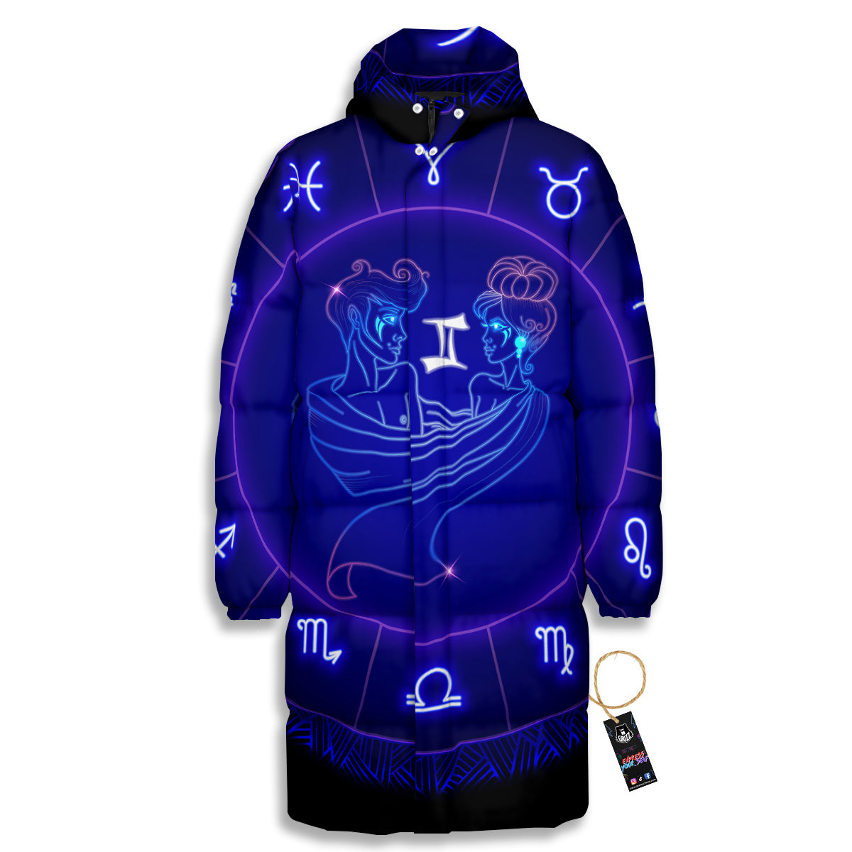 Zodiac Sign Dark Gemini Print Long Down Jacket