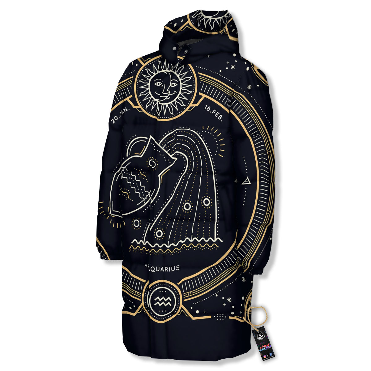Zodiac Sign Vintage Aquarius Print Long Down Jacket