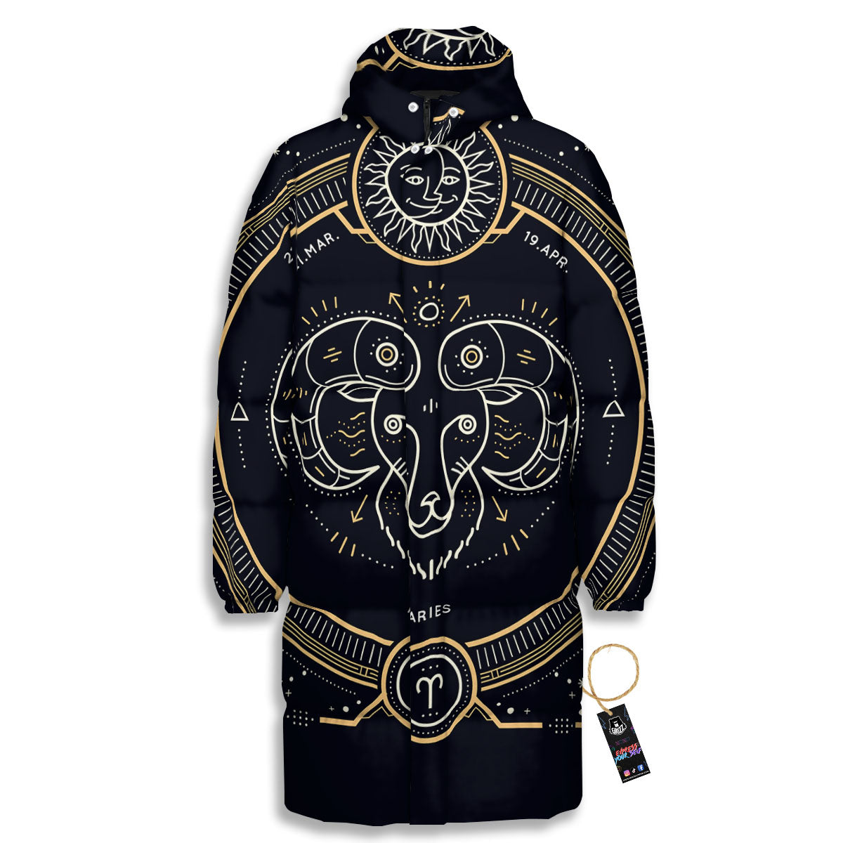 Zodiac Sign Vintage Aries Print Long Down Jacket