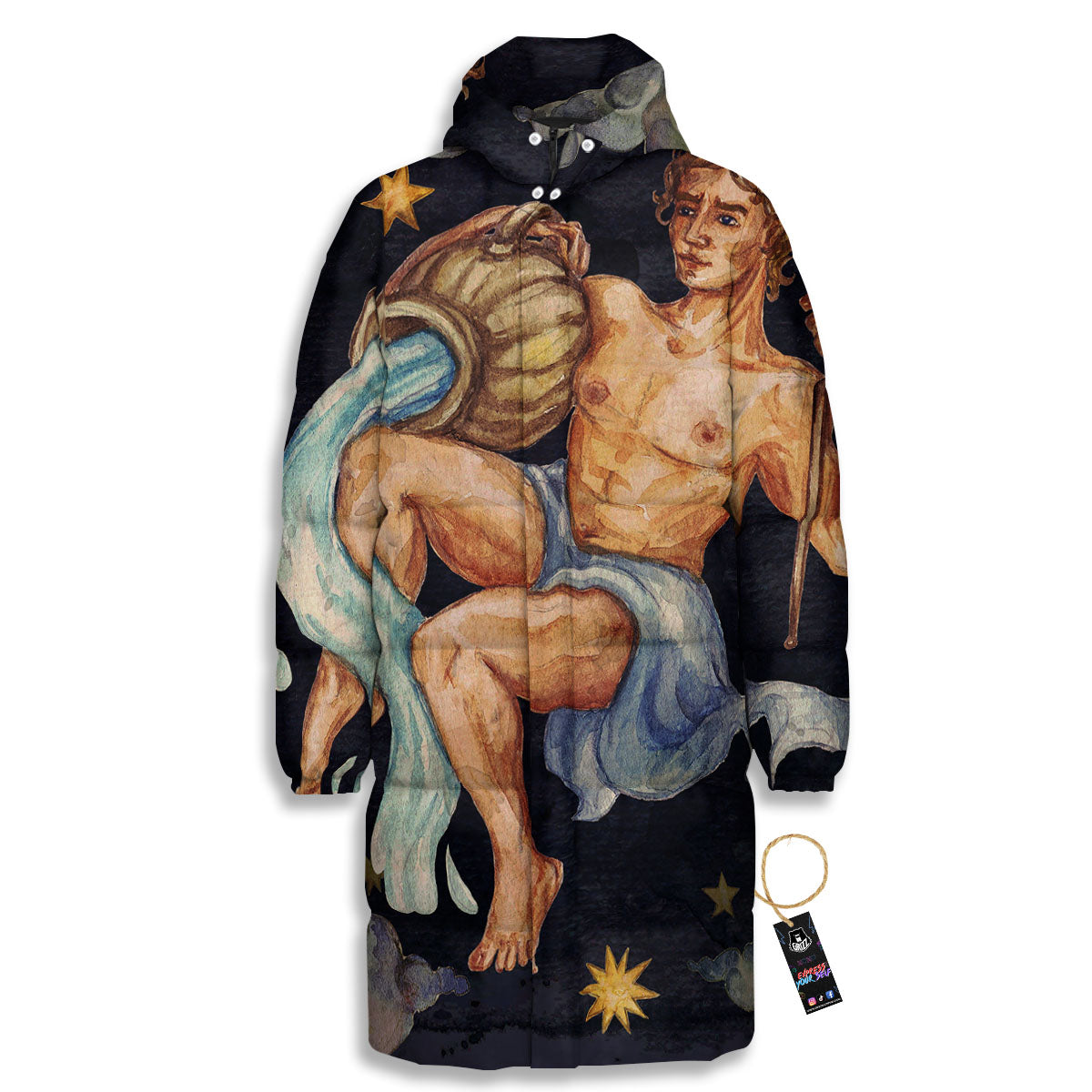 Zodiac Sign Watercolor Aquarius Print Long Down Jacket
