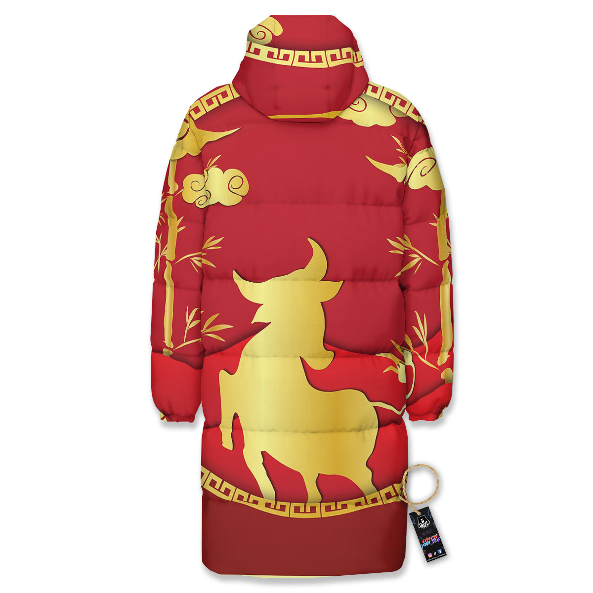 Zodiac Symbol Chinese Ox Print Long Down Jacket