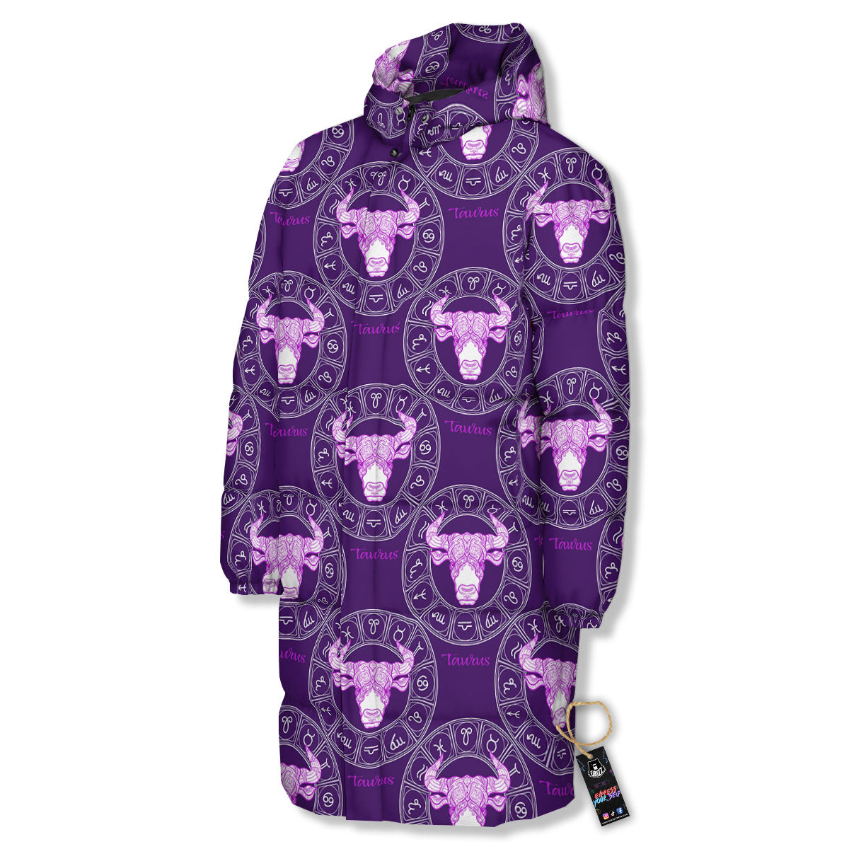 Zodiac Taurus Purple Print Pattern Long Down Jacket