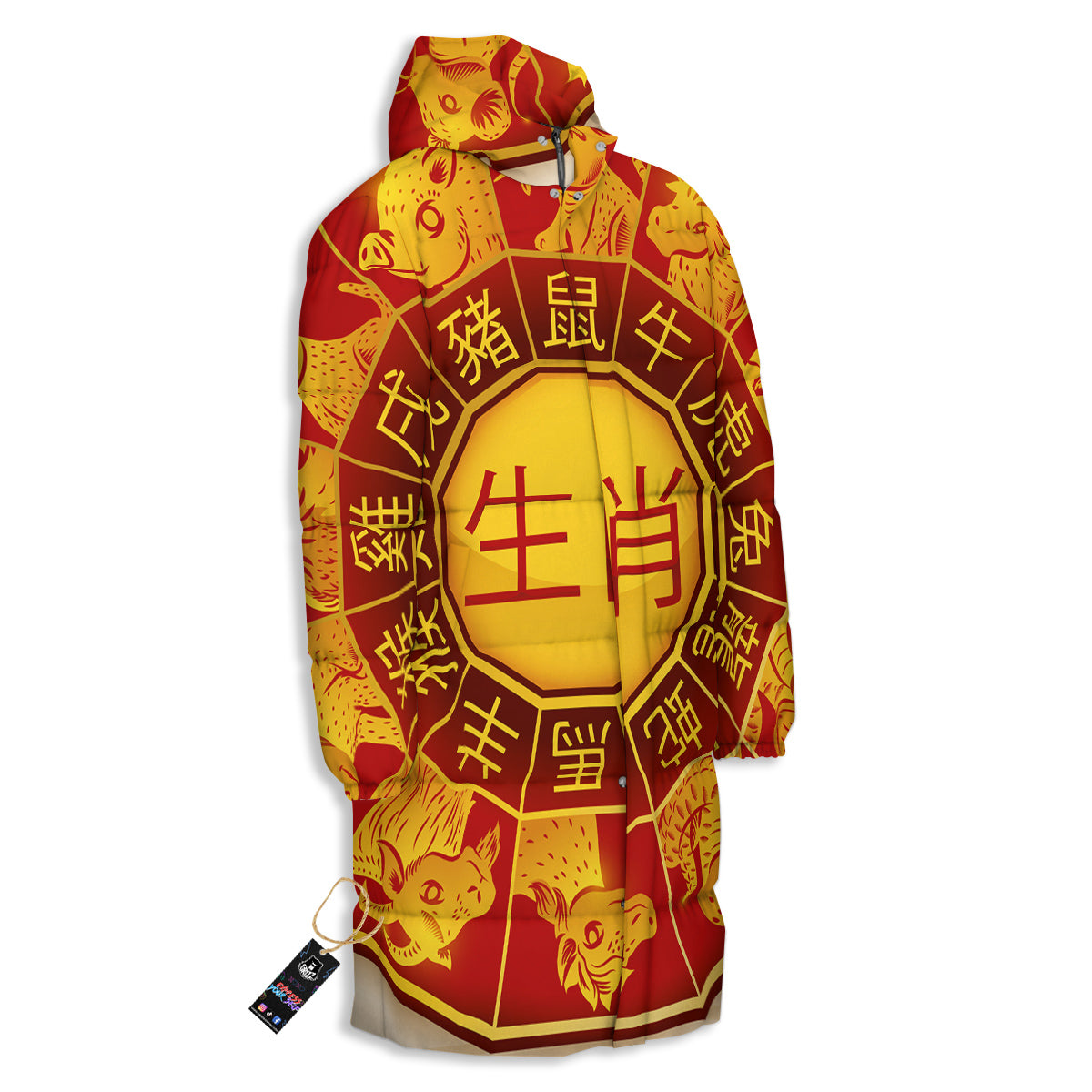 Zodiac Wheel Colourful Chinese Print Long Down Jacket
