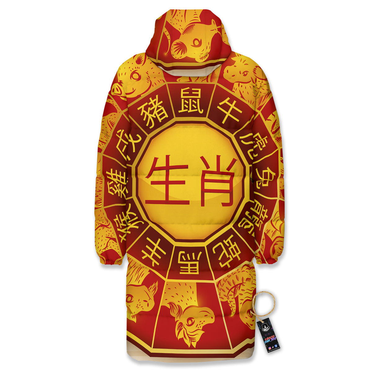Zodiac Wheel Colourful Chinese Print Long Down Jacket