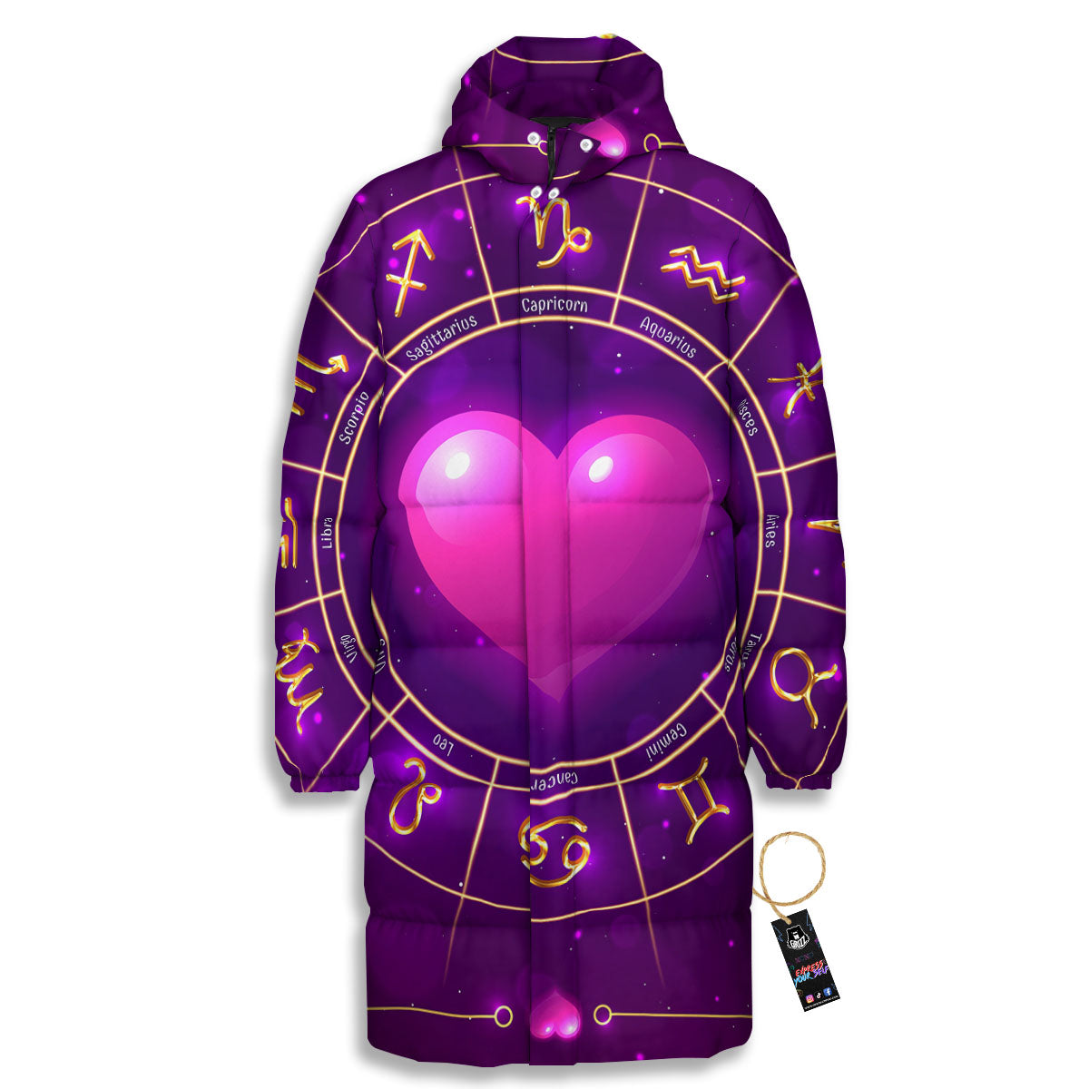 Zodiac Wheel Pink Heart Print Long Down Jacket
