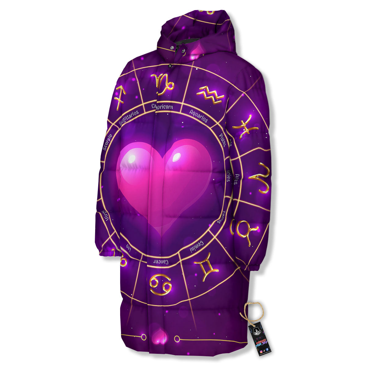 Zodiac Wheel Pink Heart Print Long Down Jacket