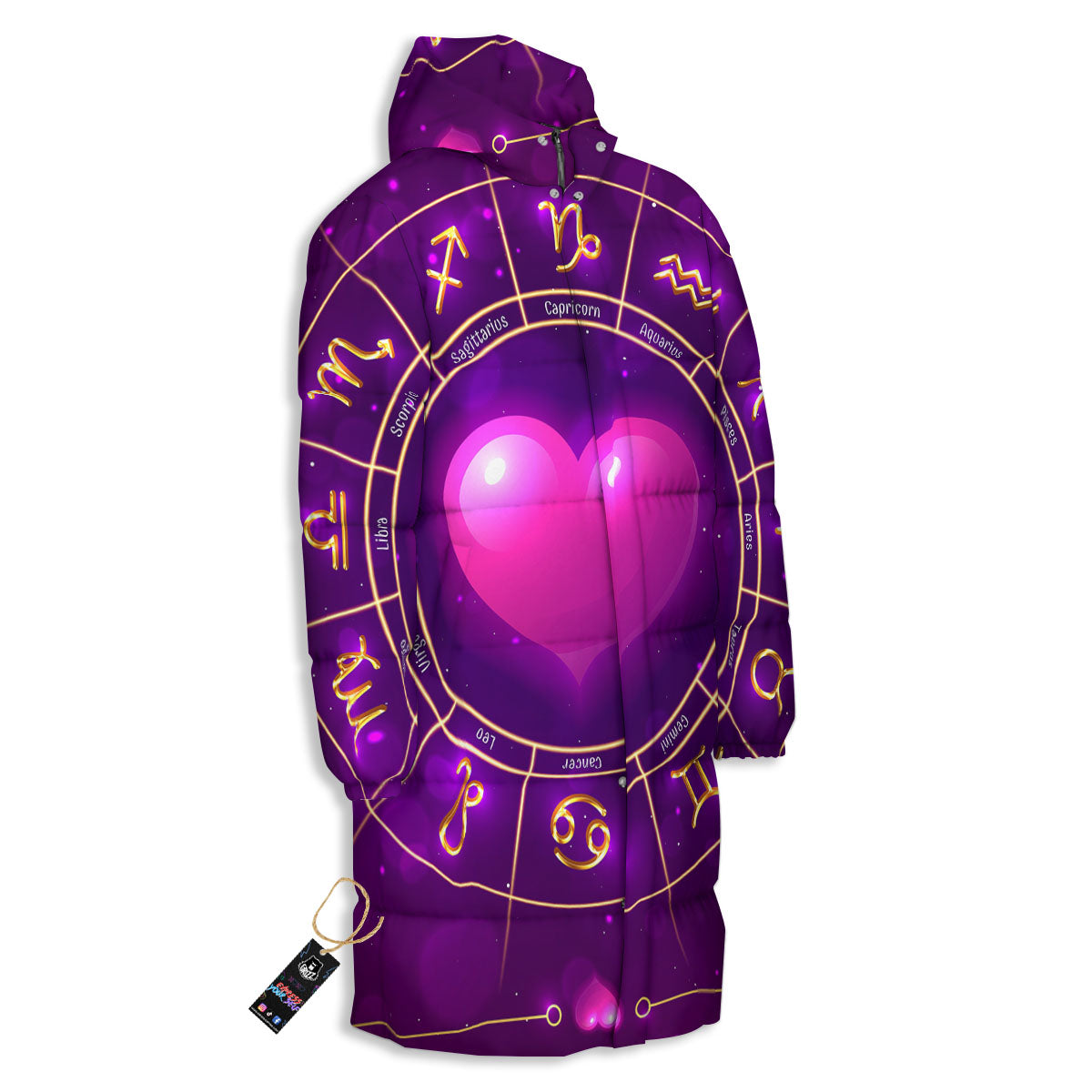 Zodiac Wheel Pink Heart Print Long Down Jacket