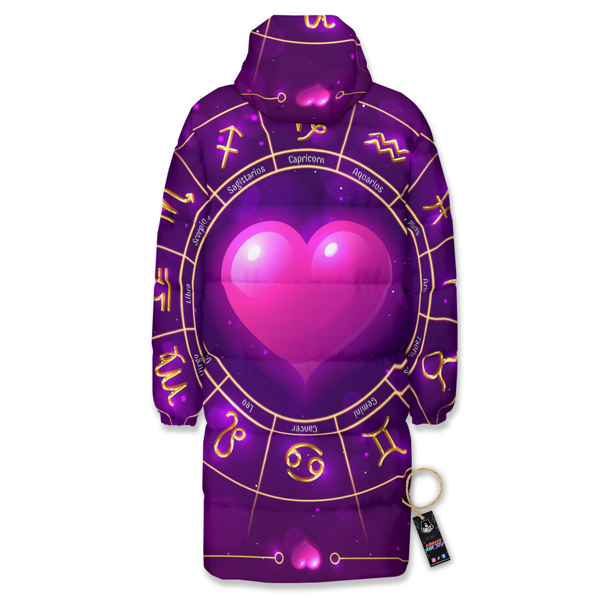Zodiac Wheel Pink Heart Print Long Down Jacket