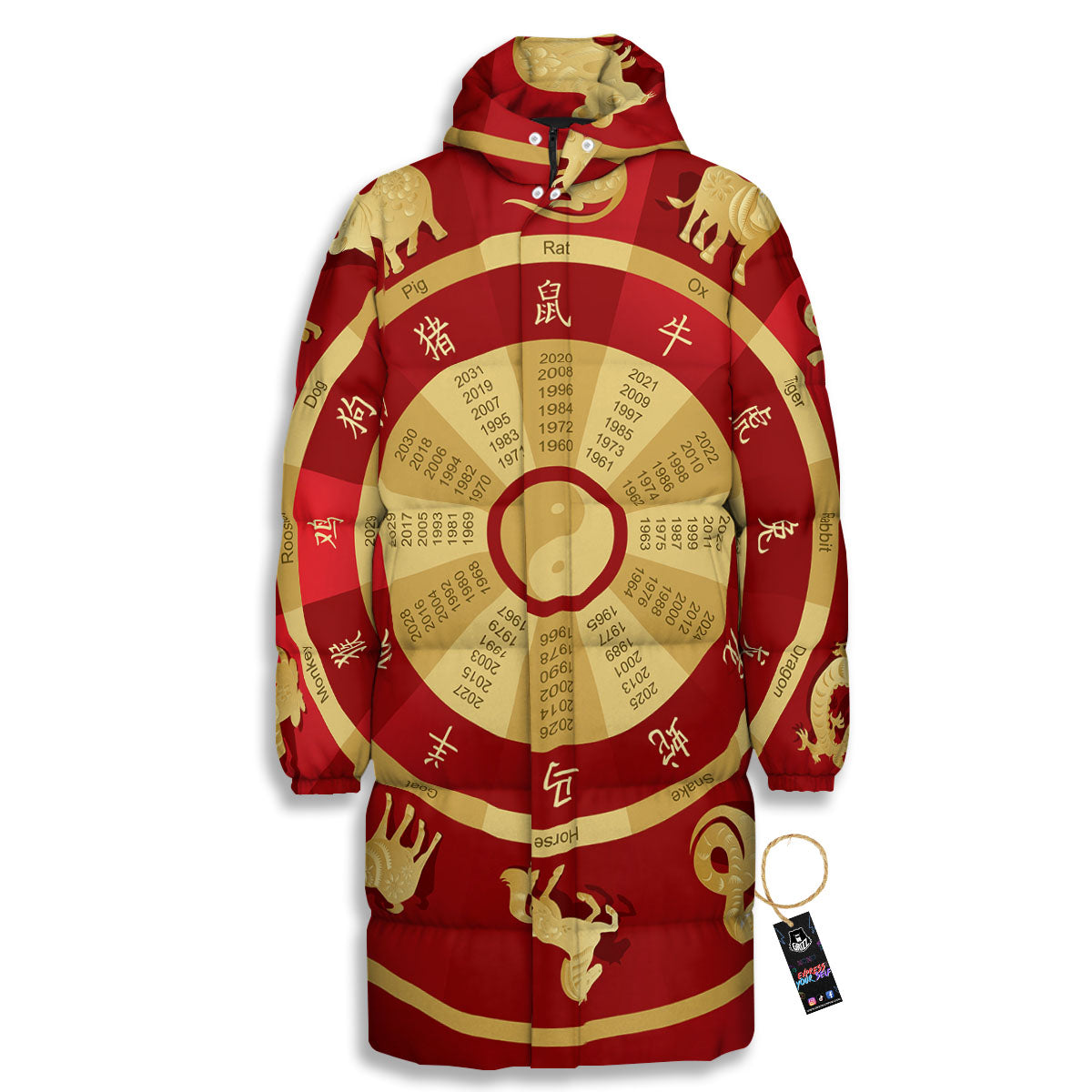 Zodiac Wheel Red Chinese Print Long Down Jacket