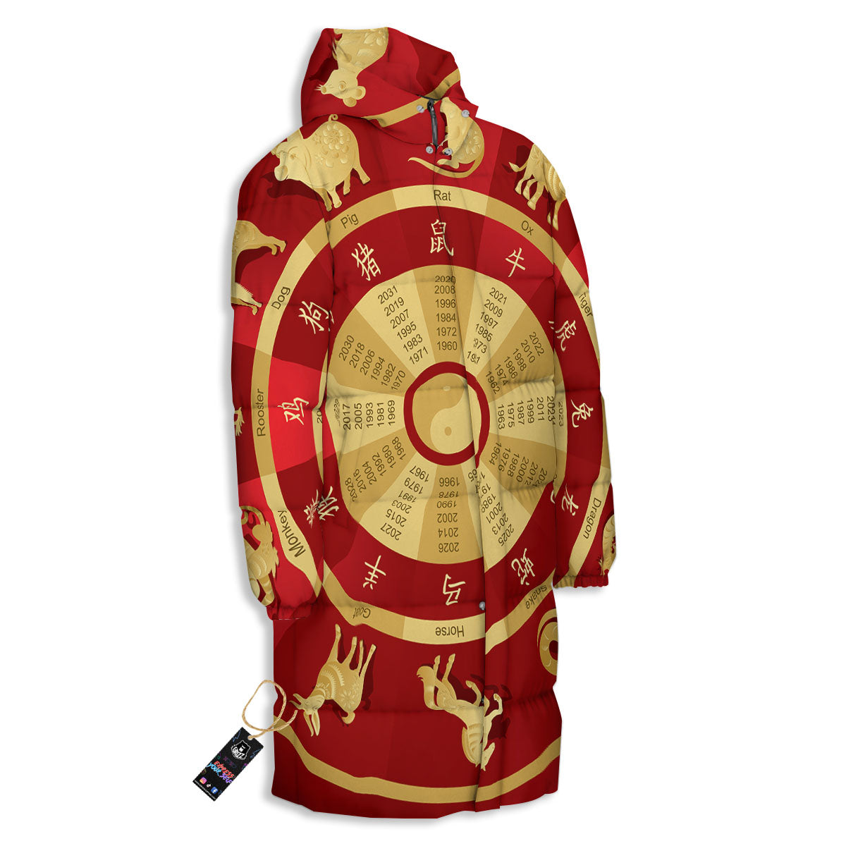 Zodiac Wheel Red Chinese Print Long Down Jacket