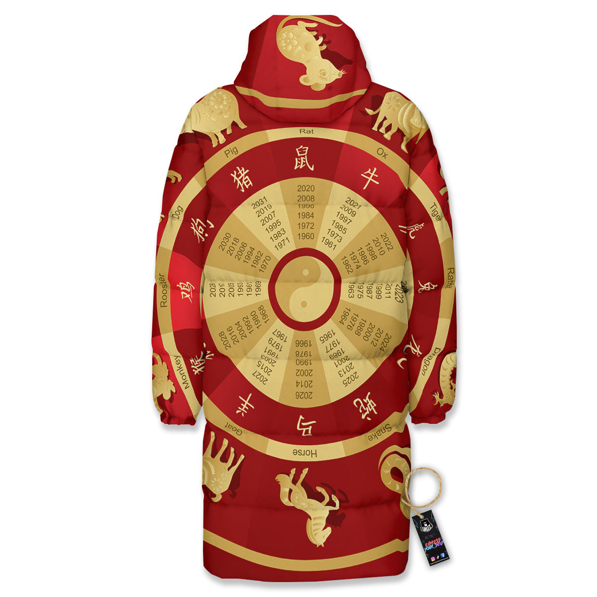 Zodiac Wheel Red Chinese Print Long Down Jacket