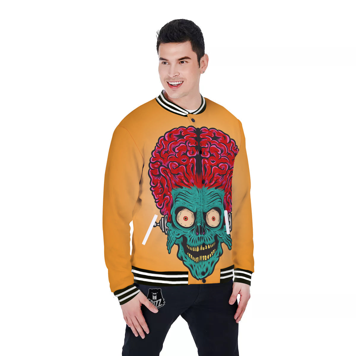 Zombie Big Brain Print Baseball Jacket-grizzshop