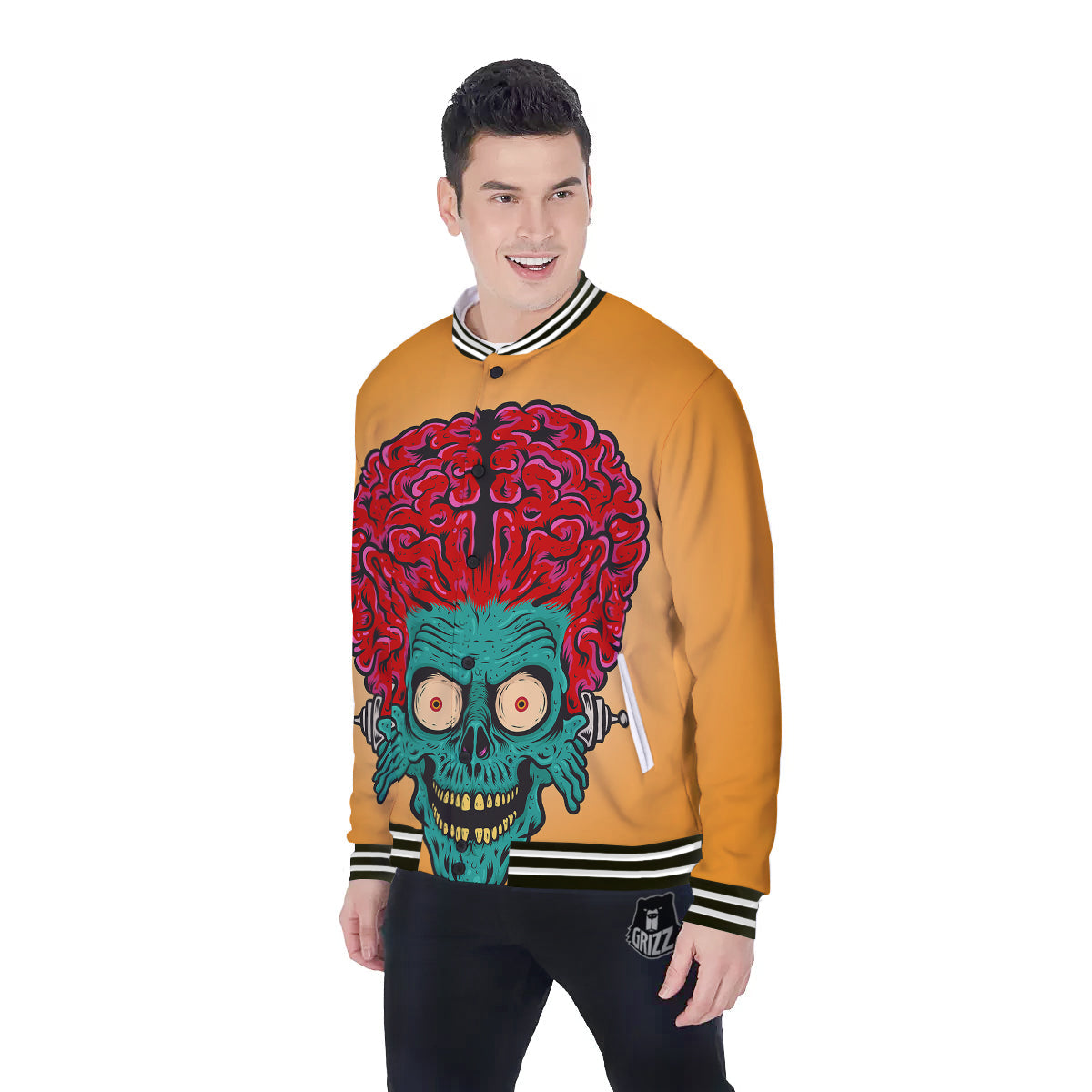 Zombie Big Brain Print Baseball Jacket-grizzshop