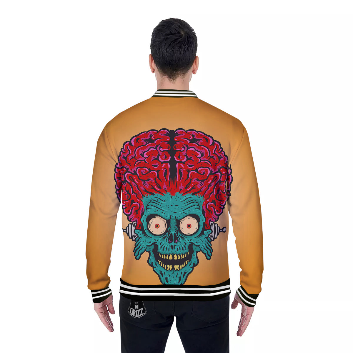 Zombie Big Brain Print Baseball Jacket-grizzshop