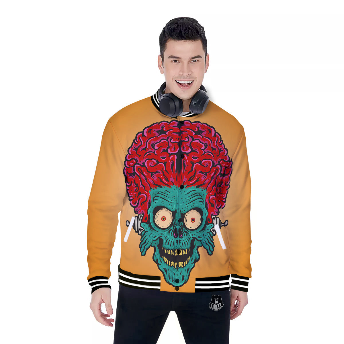 Zombie Big Brain Print Baseball Jacket-grizzshop