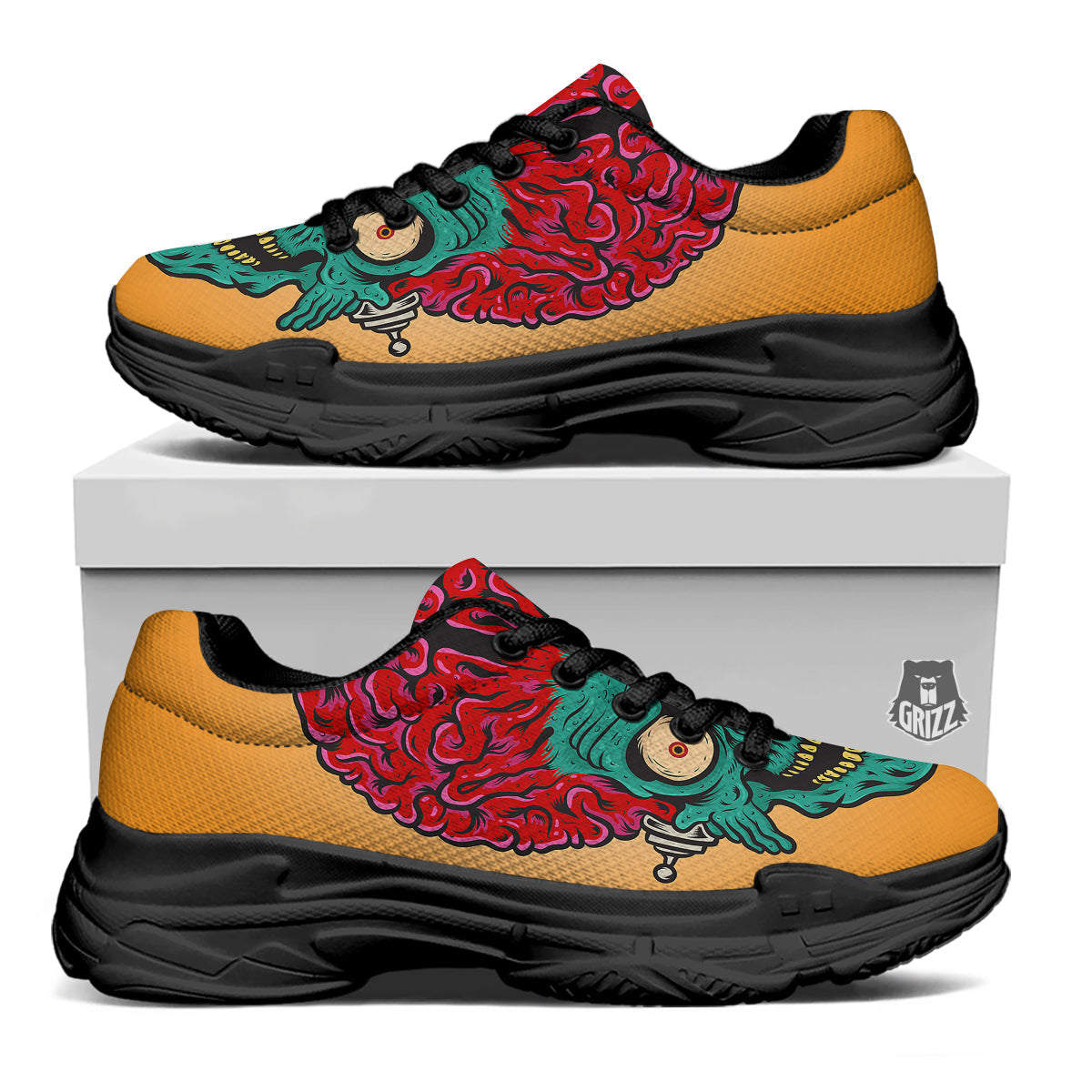 Zombie Big Brain Print Black Chunky Shoes-grizzshop