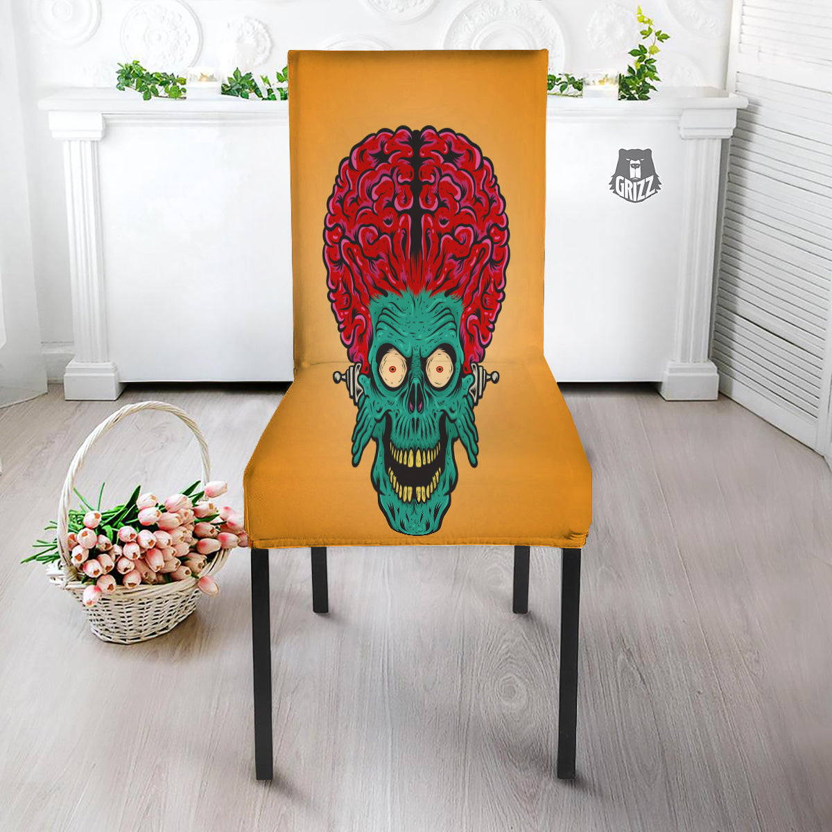 Zombie Big Brain Print Dining Chair Slipcover-grizzshop